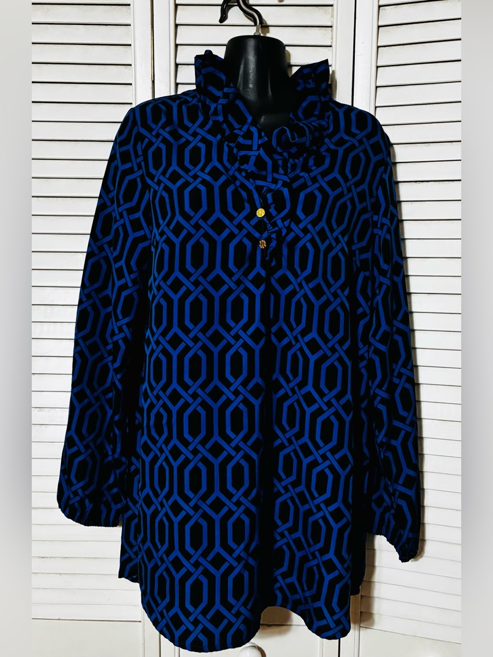 Mud Pie Black & Blue Geometric Ruffle Neck Tunic